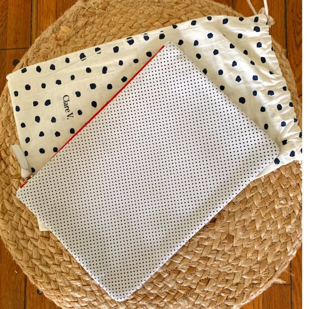 Clare V. Flat Clutch, White Perforated Leather